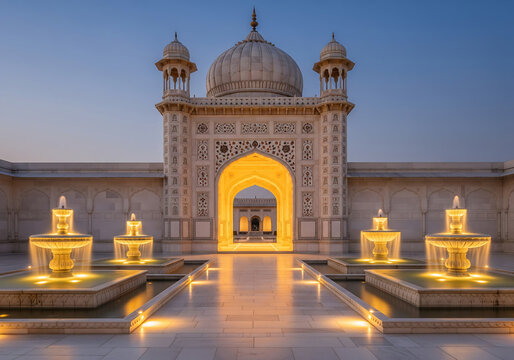 Bibi Ka Maqbara At Dusk Beautiful Marble Architecture With Fountains India