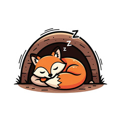 Cute cartoon fox sleeping curled up in its den