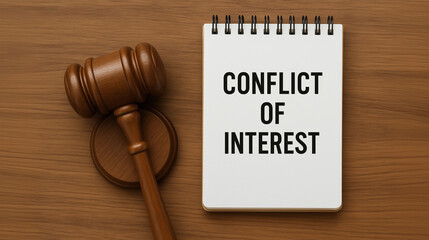 Conflict of interest concept with judge gavel on wooden desk symbolizing ethical dilemma, legal issue, corporate policy, and decision-making responsibility in professional conduct