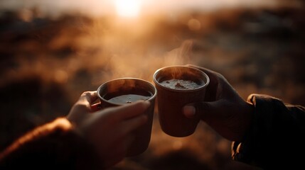 Two hands holding steaming cups clinking them together in the warm glow of sunrise a cozy outdoor moment of shared warmth and connection