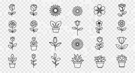 Collection of various flower and plant icons in outline style isolated on a transparent background created with generated ai