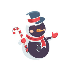 Cartoon snowman with hat and candy cane on transparent background