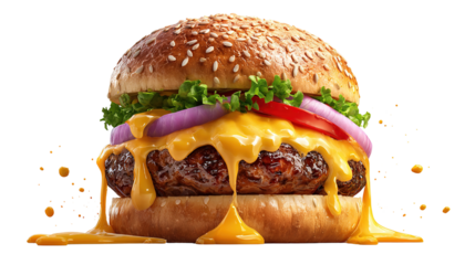 A cheese burger with bacon, salad, relish and gherkins against a white background