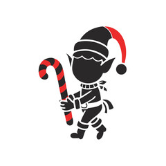 Silhouette elf holding a candy cane gift on transparent background