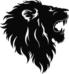 Obraz premium Roaring Lion Head Silhouette: Powerful Animal Portrait with Detailed Mane and Sharp Fangs Black