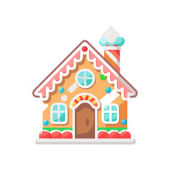 Illustration of a decorated gingerbread house on transparent background