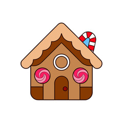 Illustration of a decorated gingerbread house on transparent background
