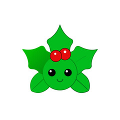 Cartoon holly with berries and cute face on transparent background