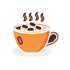 Orange cup with marshmallows and steam up on transparent background