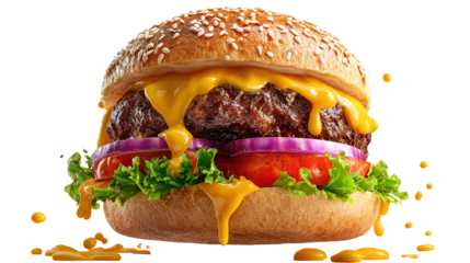 A cheese burger with bacon, salad, relish and gherkins against a white background