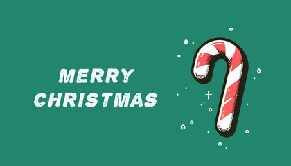 Simple Christmas greetings and candy cane decorations on a green background.