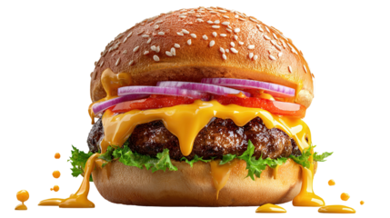 A cheese burger with bacon, salad, relish and gherkins against a white background