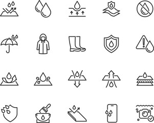 Vector set of waterproof line icons. Contains icons moisture repellent, waterproofing, absorbent, umbrella, raincoat, rubber boots and more. Pixel perfect.