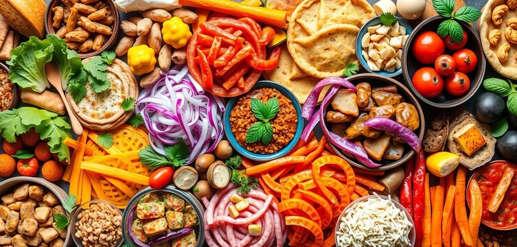 Colorful array of diverse foods, showcasing various cuisines,  healthy,  gourmet