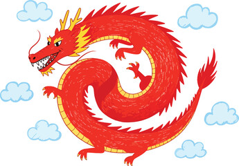 A red chinese dragon with yellow details surrounded by clouds hand drawn illustration