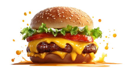 A cheese burger with bacon, salad, relish and gherkins against a white background