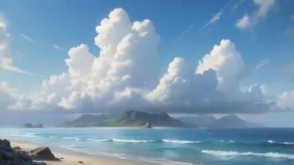 Tropical island paradise under a dramatic sky with white clouds and calm blue ocean waves meeting a sandy beach with rocky outcrops, , in anime style background