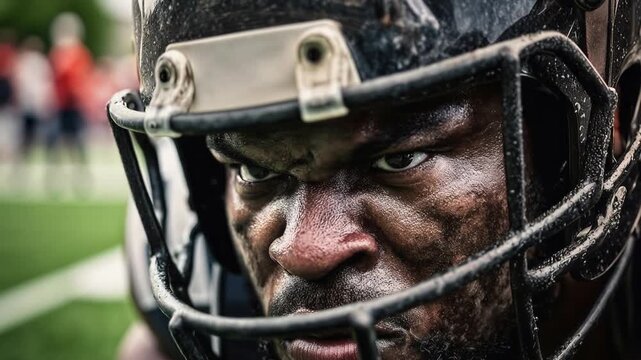 Close-up of determined American football player with mud-streaked face staring down the lens, raw adrenaline and grit made for high-intensity sports branding and motivational promos.