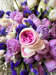 Bouquet of flowers from small roses, roses in closed form, white and pink roses, beautiful bouquet of flowers for advertising, for banner. High quality