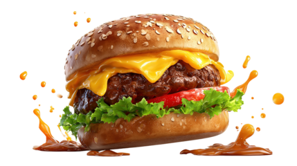 A cheese burger with bacon, salad, relish and gherkins against a white background