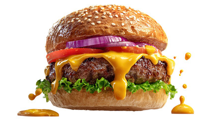 Template with delicious tasty slice of pepperoni pizza flying on white background