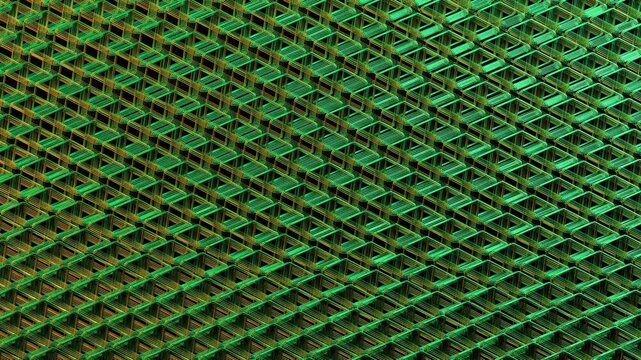 3D cubes with a metallic mesh texture, featuring a vibrant green color scheme, rotates smoothly in a continuous loop.