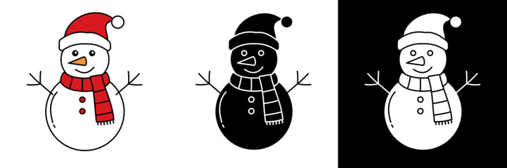 Adorable snowman illustration with carrot nose, red hat, and scarf. Simple and cheerful winter character design symbolizing Christmas and holiday season joy.