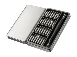 Compact metal case with precision screwdrivers for electronics repair.