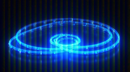 A bright blue LED light strip is coiled and spiraled on a reflective dark surface with faint vertical stripes, creating a powerful, electric neon glow effect.