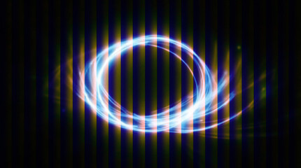 A bright blue and white circular light trail creates a dynamic vortex effect, set against a dark background with pulsing vertical yellow and black stripes, suggesting speed and mystery.