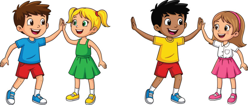 Cartoon children giving high five, cheerful boy and girl pairs illustration, vector design for teamwork, friendship, emotion, playful interaction, education