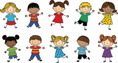 Group of cheerful cartoon children of different ethnicities, standing together