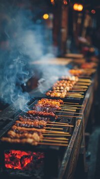 Steaming grilled skewers with smoke rising, rich color and flavor. Perfect for food stalls, BBQ marketing, travel storytelling and culinary lifestyle branding visuals.