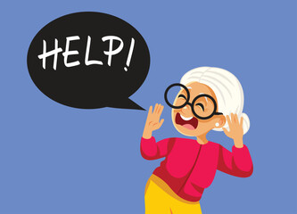 Scared Elderly Woman Screaming for Help Vector Character. fearful grandma feeling in danger and asking for a helpful hand
