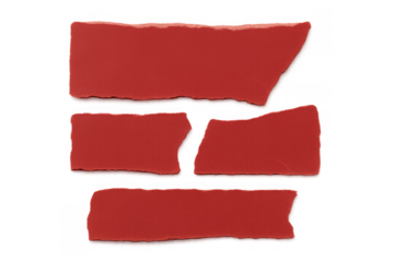 Torn red paper pieces creating blank note templates, ripped scraps for announcement or message, transparent background