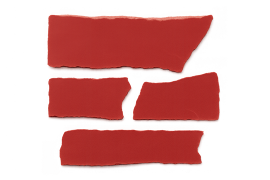 Torn red paper pieces creating blank note templates, ripped scraps for announcement or message, transparent background