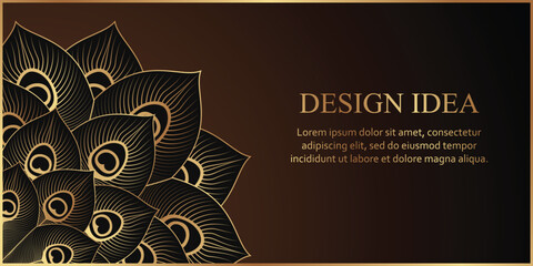 Golden peacock feathers on a black background. Modern luxury wedding invitation design or card template for business or presentation or greeting.