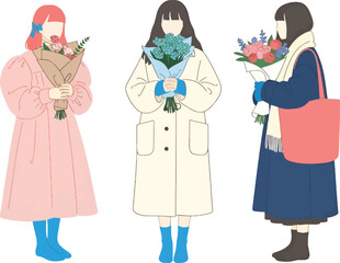 Three girls in winter coats holding bouquets of flowers, a charming illustration