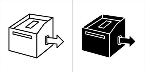 Two icons of a ballot box with an arrow, one outlined and one solid black