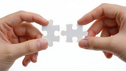 Two hands connecting white puzzle pieces symbolizing partnership and solutions