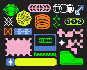 Label vector symbol element retro futuristic collection set bundle sticker y2k clip art editable