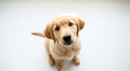 Close-Up High Angle of Sweet Golden Retriever Puppy Sitting and Looking Up with Head Tilted