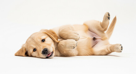 Happy Golden Retriever Puppy Lying on Back with Paws Up Showing Tummy and Tongue Out