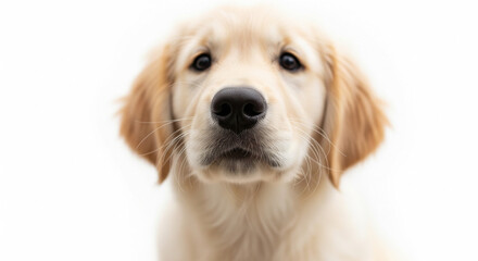 Extreme Close-Up of Golden Retriever Puppy's Face Focusing on Nose and Eyes, White Background