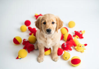 Adorable Golden Retriever Puppy Sitting Amongst Red and Yellow Dog Toys on White Background