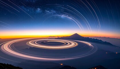 Fototapeta premium Majestic mountain view at twilight, light trails forming spiral over misty landscape under starry, swirling sky