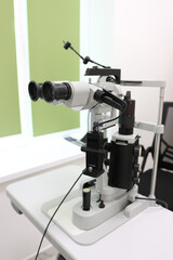 Biomicroscope used in ophthalmology for detailed examination of the eye. Close-up of the optical device.