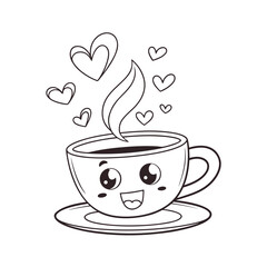 Adorable kawaii coffee cup with steaming hearts illustration for cozy moments isolated on transparent background