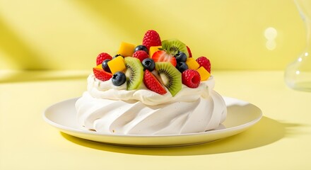 Light meringue pavlova topped with whipped cream and seasonal fruits