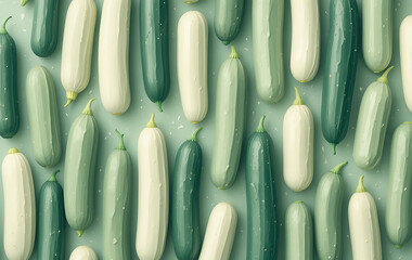 A close-up, overhead view of a vibrant collection of fresh cucumbers, showcasing a variety of green and pale hues